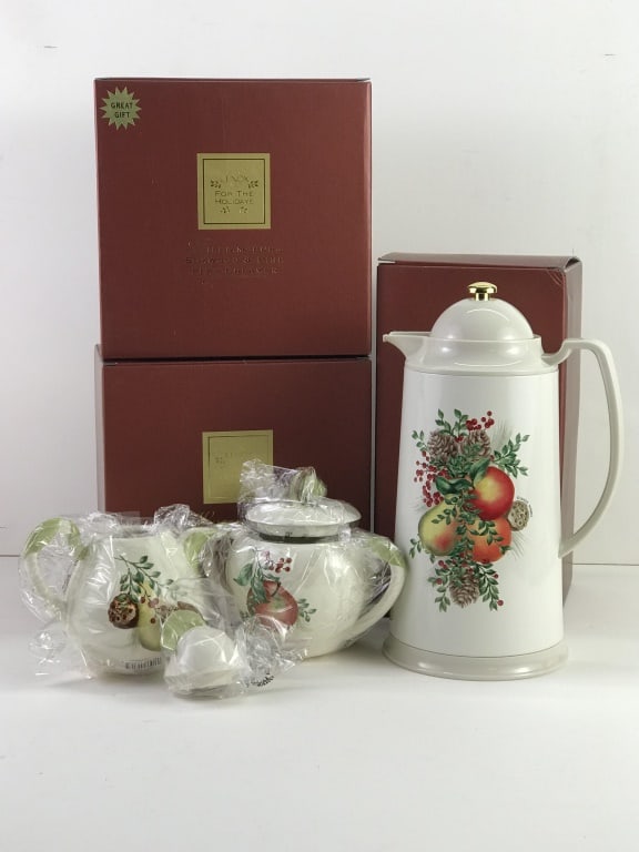 Lenox Carafe with Sugar & Creamer: Lenox Williamsburg Boxwood & Pine (Made in China). Carafe (11.5"h), Sugar & Creamer (5"h). Never used.