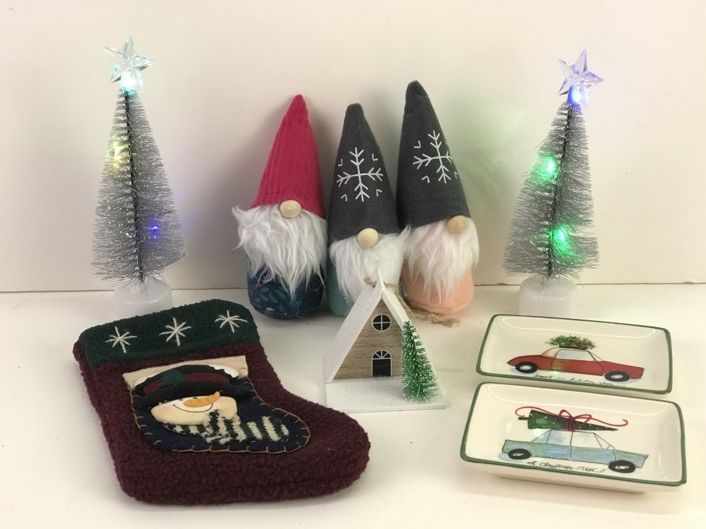 Christmas Decorations for Home: Nomes, trinket trays, chalet ornament, small stocking (7.5"h), two trees (7"h) with changing lights. 1.5 lbs.