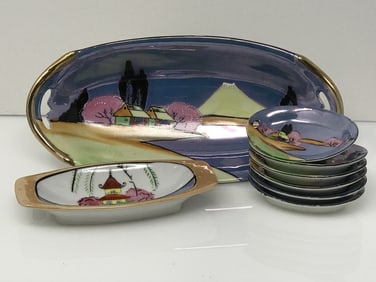 Lusterware Celery Dish and 6 Salt Cellars, 1950's