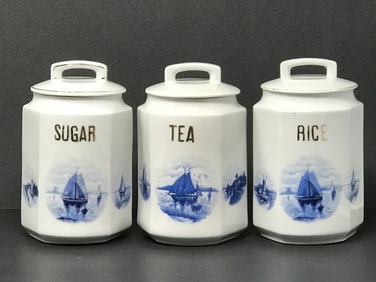 Tea, Sugar & Rice Porcelain Canisters Blue & White