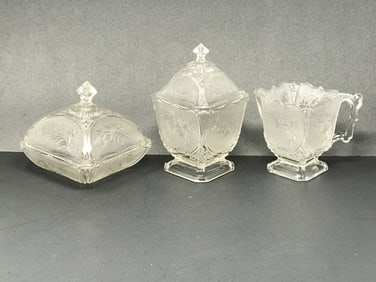 Glass Sugar, Creamer & Sq. Covered Dish