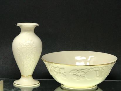 Lenox Fruits of Life Bowl & Vase, 24K Gold Trim: Lenox Fruits of Life Bowl & Vase, 24 K Gold Trim. Vase 7.25"h, Bowl 3.25"h x 9"d. 2 lbs. 9 oz.