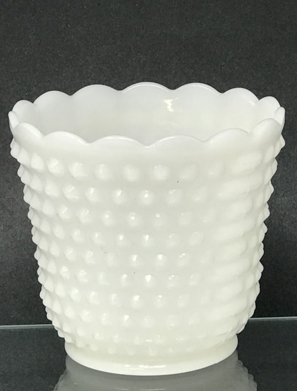 Vintage Milk Glass Fire King Flower Pot or Vase: Vintage Milk Glass Fire King Hobnail Flower Pot or Vase. 4.25"h x 4.75"w. 15oz.