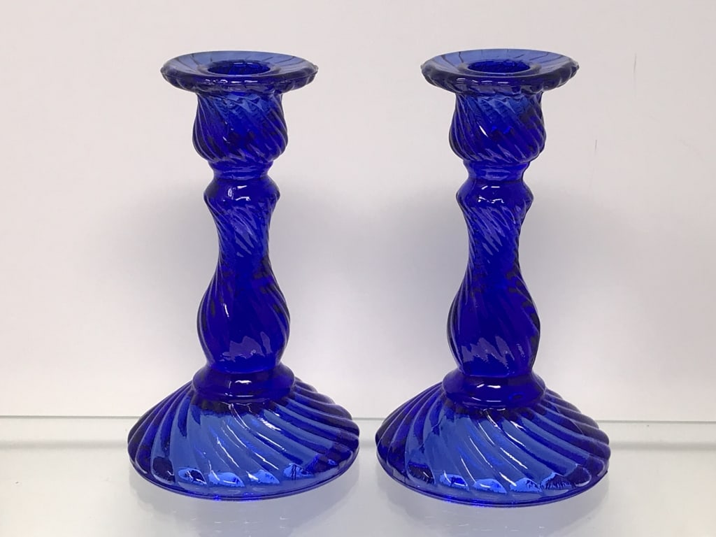 Cobalt Blue Candlesticks Swirl Depression Glass (1 of 2)