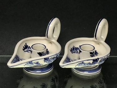 Pair Delft Blue Candlestick Holders, Hand Painted