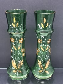 Victorian Green Glass Vases, Hand Blown & Painted