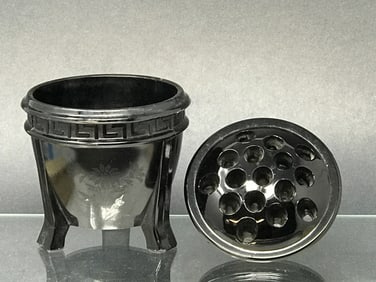 Black Amethyst Glass Planter & Flower Frog 1930's