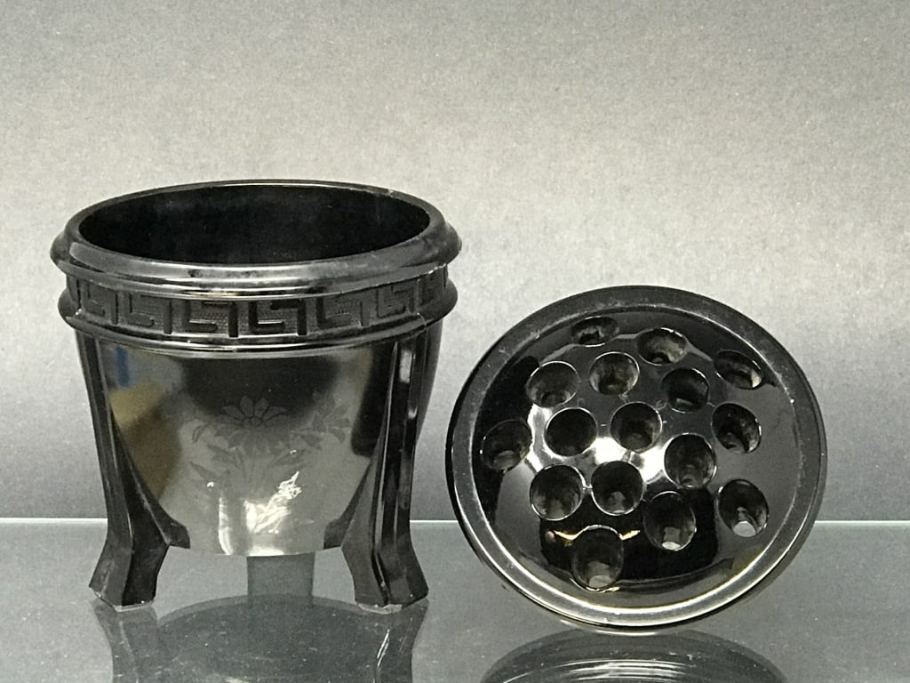Black Amethyst Glass Planter & Flower Frog 1930's (1 of 4)