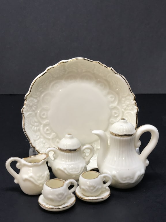 Miniature Porcelain Tea Set, Cream White & Gold (1 of 2)