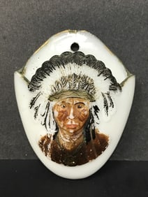 Milk Glass Wall Pocket with Indian Chief