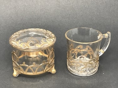 Souvenir Glass Cup and Lidded Jar with Gold Trim