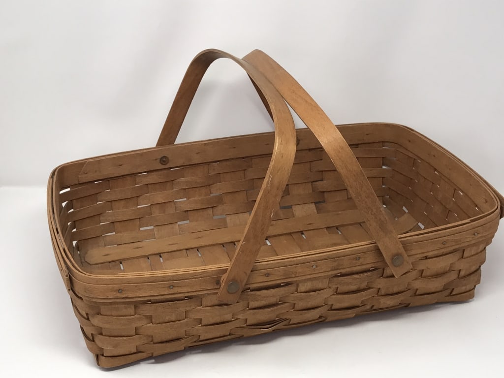 Longerberger Low Rectangular Basket with Handles: Longaberger Low Rectangular Basket with Handles, 1991. Folded handles: 4.5"h x 18"w x 12"d. 1 lb, 5 oz