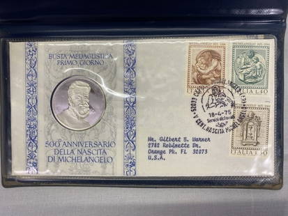 Sterling Medallion Michelangelo 500th Anniversary: Sterling Medallion Michelangelo 500th Anniversary of his birth. 1st Day Cover. Issued by The Franklin Mint in 1975. 8.5"h x 4.75"w x 0.5"d. 22.35 grams.
