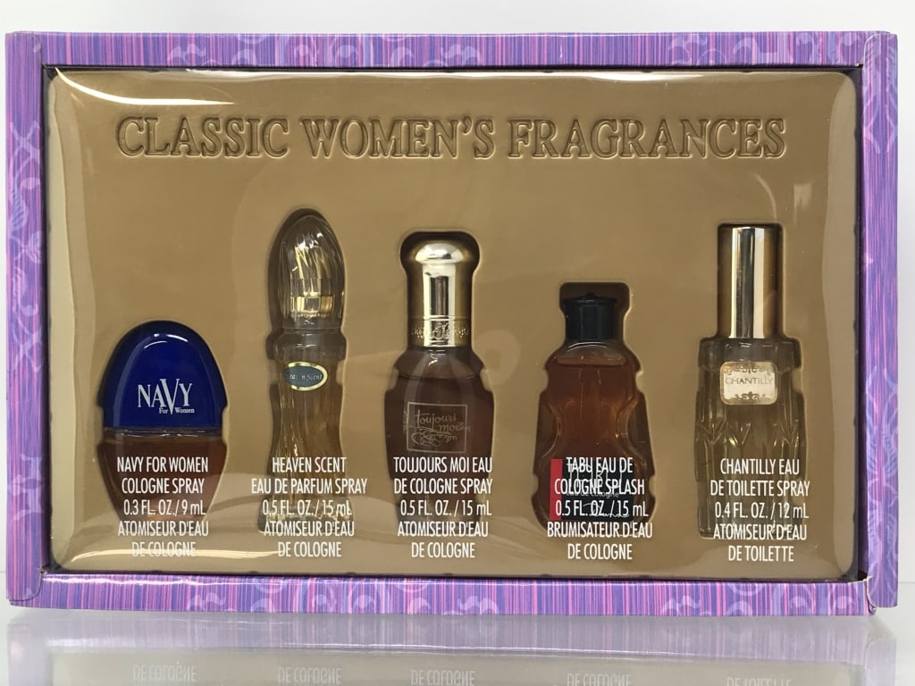 Dana Classic Fragrances for Women: Dana Classic Fragrances for Women. Navy, Heaven Scent, Toujours Moi, Tabu, and Chantilly. 0.3 - 0.5 fl. oz per bottle. 7"h x 10.75"w x 2"d.