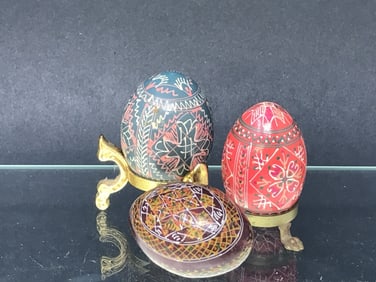 3 Wooden Painted Eggs Ukrainian Pysanky Style