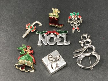 7 Silver Tone Costume Jewelry Holiday Pins