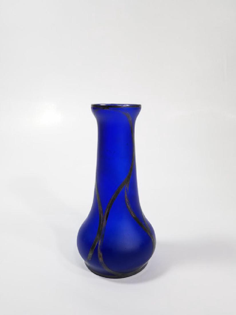 Blue Art Nouveau Glass Vase w/ Silver Overlay (1 of 3)