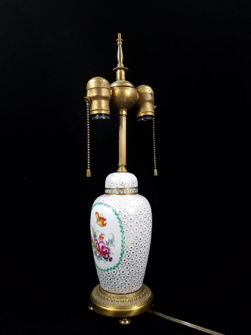 Fine Porcelain Fish Scale Lamp: Benjamin sockets. Hand painted gold fish scales on porcelain. Perfect condition. Comes with shade. 17" tall