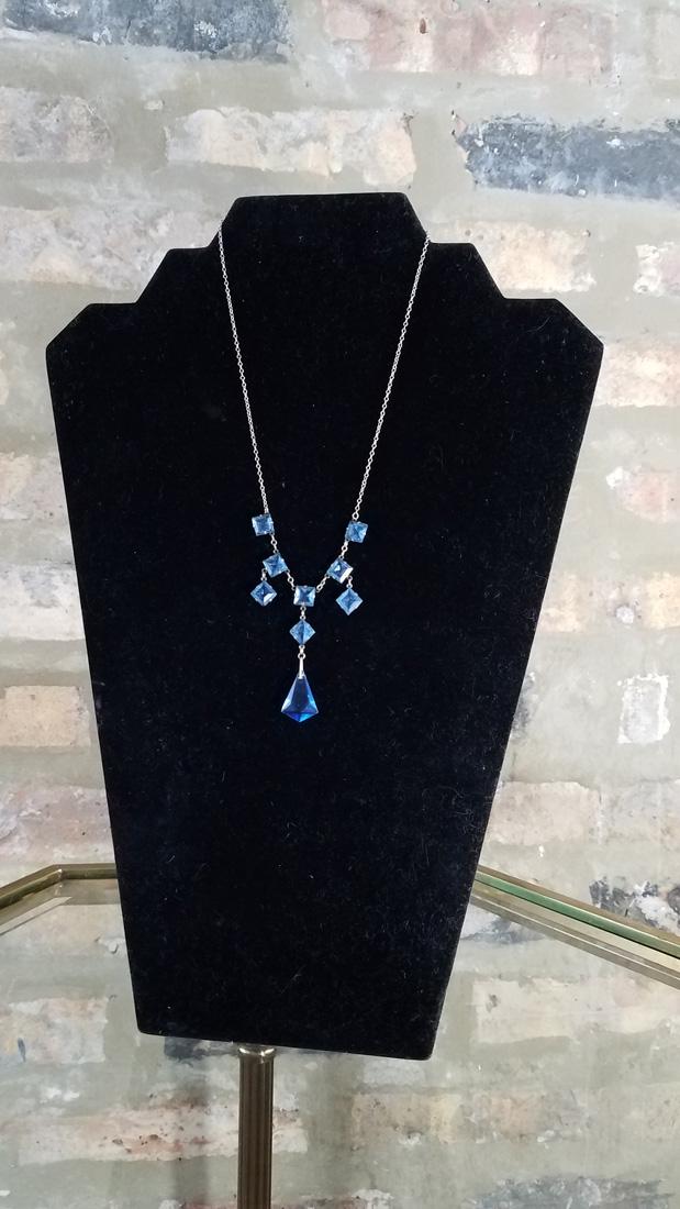 Art Deco Sterling Czech Glass Necklace: Faceted blue Czech crystal w/ sterling silver chain and bezels. c.1930. 9.25in. Total length