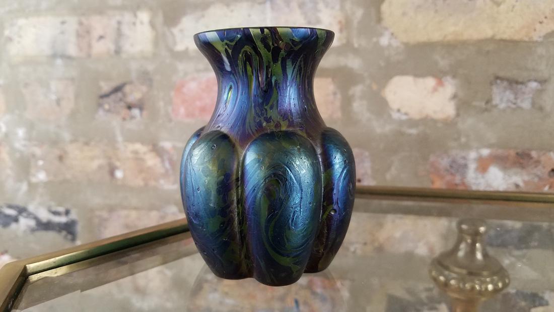 Rindskopf Uranium Glass Iridescent Vase: Loetz or Rindskopf. Tested under UV. 4in. tall.