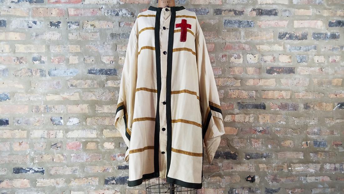 Antique Jacket, c. 1900 Masonic, Secret Society: Fine white linen with gold colored appliquÃ©. Rose colored velvet cross and large bell sleeves. Some small rips and tears, Fair condition. M/L