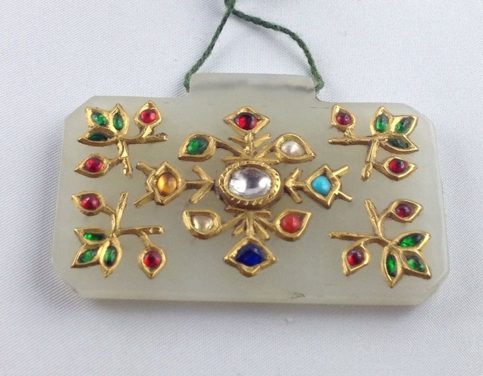 MUGHAL ANTIQUE STYLE JADE PENDENTS, 1850-1899: Jade - Nephrite; Gold purity -: 24 kt; Precious gems: Uncut diamond; Natural ruby; Natural blue sapphire; Natural yellow sapphire; Natural emerald; Natural Basra pearl; Natural hessonite; Natural cora