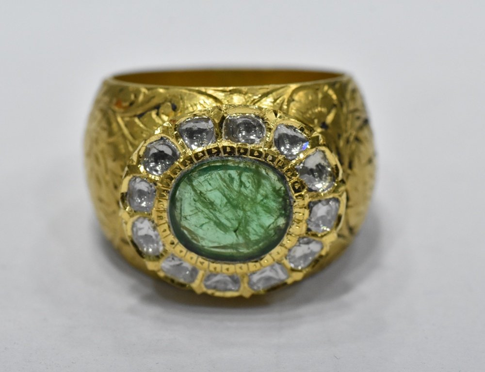22K Solid Gold Mughal Style Emerald & Diamond Ring (1 of 5)
