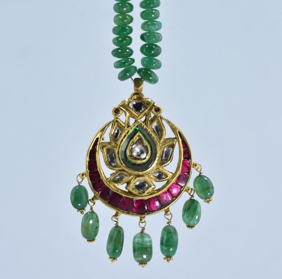 MUGHAL 22 KT GOLD PENDENT W/RUBY,EMERALD & UNCUT (1 of 6)