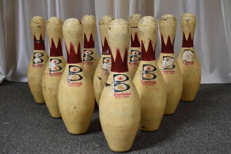 Set of 10 Brunswick Dura-King Bowling Alley Pins.: Set of 10 Brunswick "Dura-King" Bowling Alley Pins. From the Bowling Alley at 918 W Boston Blvd, Detroit Michigan. Purchased from Berry Gordy. Dimensions: 15" x 6" x 6" Weight: 3.2 Pounds