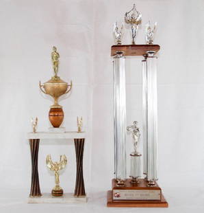 Two Vintage MOTOWN Bowling Trophies: Two Vintage MOTOWN Bowling Trophies: #1. 30"x8"x 8" 10.4 Pounds. Labeled "Lorraine Ramsey Achievement Award MOTOWN RECORDS 1971. Presented by Seagram Distillers Co." - As Found #2. 24"x9"x4"