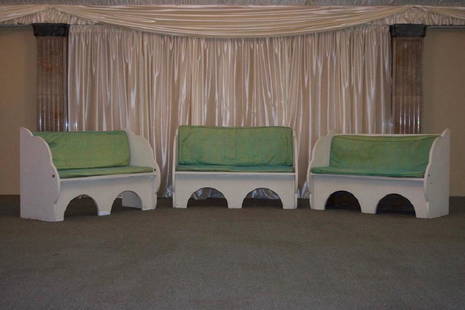Three Vintage 1960s Wooden Benches: Three Vintage 1960s Wooden Benches. From Pool House. As Found. Motown Mansion Collection, 918 West Boston Blvd. Detroit Michigan 48202. Purchased from Berry Gordy. 35"x55"x23" Each. Not weighed