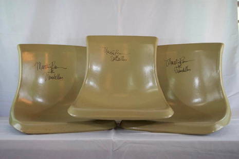 3 Signed Martha Reeves Brunswick Bowling Alley Seats: Lot of 3 Vintage Brunswick KT Bowling Alley Seats Signed "Martha Reeves Vandellas." As Found, 2 Missing metal brackets. From Basement Bowling Alley - Motown Mansion, 918 West Boston. Purchased from