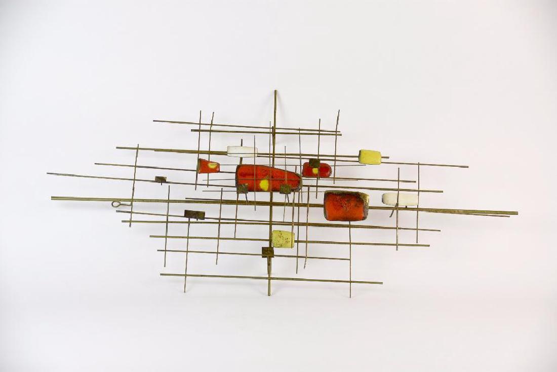 Mid Century Metal and Enamel Sculpture: Mid Century Metal and Enamel Wire Sculpture. Jere Style. From estate near Cranbrook Academy of Art in Bloomfield Hills MI.Size: 37" x 6" x 19" approx