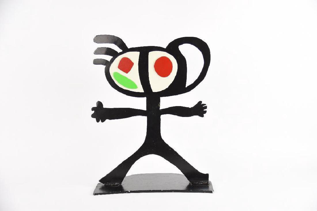 Figural Mid Century Metal Sculpture: Figural Mid Century Metal Sculpture. Hand Painted, Signed on base. From old estate near Cranbrook Art Academy in Bloomfield Hills, MI. In the style of Joan Miro Size: 20" x 15.5"