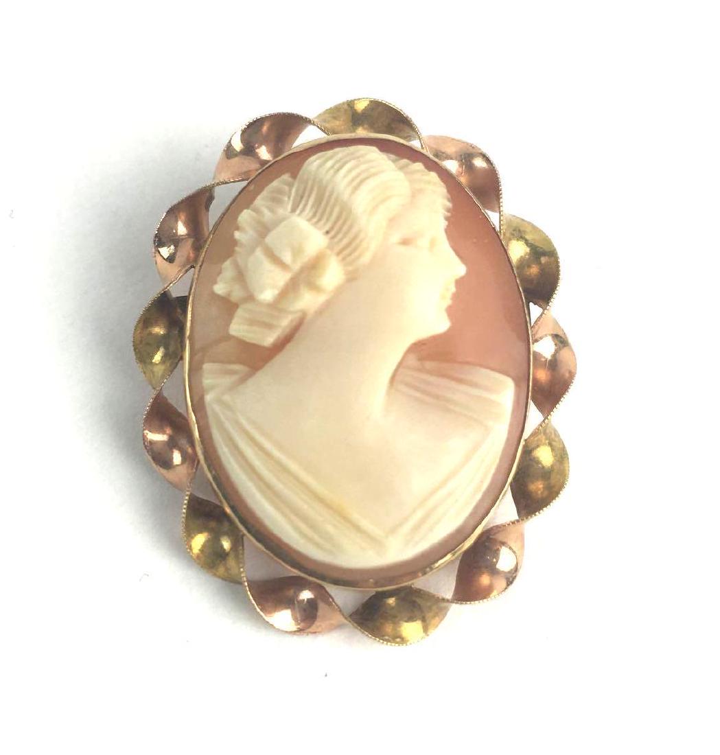 10k Gold Cameo Pin: 10k Gold and Shell Cameo Pin, Stamped 10k on Clasp, Total Weight 4.7g, Approx 1.5" Length