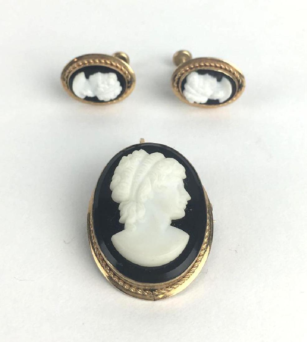 Marcasite Cameo Earrings and Brooch Set: Marcasite Cameo Earrings and Brooch Set, Stamped 12K GF, Total Weight 15.5g, Brooch Approx 1.5", Earrings 0.5", Screw Back Clip On Style Earrings