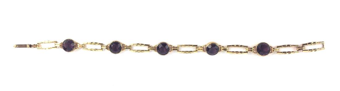 Gold Filled Vintage Simmons Link Bracelet -: Gold Filled Simmons Link Bracelet, Circa 1940s, Stamped Simmons, Amethyst Colored Glass Beads, Total Weight 7g, Approx Length 8"