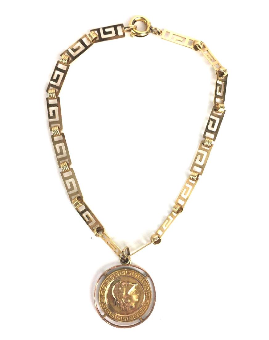 18K Gold Greek Medallion Bracelet: 18K Gold Greek Medallion Bracelet, Link Chain with 18k Stamped on Jump Ring and K14 Stamped on Medallion, Total Weight 6g, Approx Length 7.5" 