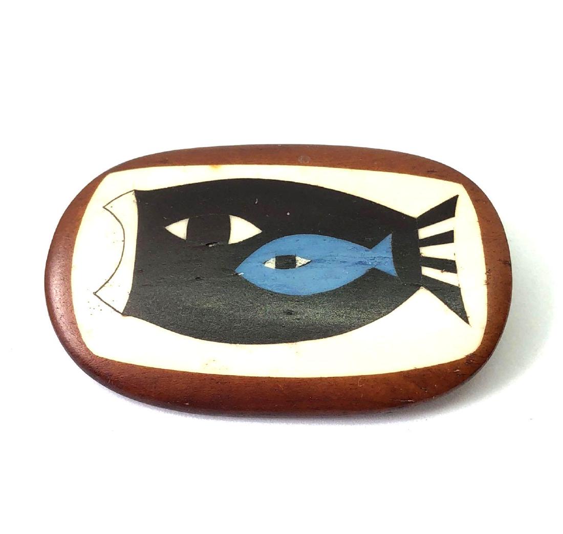 Lot of One Mid Century Danish Made Bodil Nielsen Brooch: Lot of One Mid Century Danish Made Bodil Nielsen Brooch, Inlaid Fish Design, Maker's Mark on Reverse Width 2", Length 1.25"