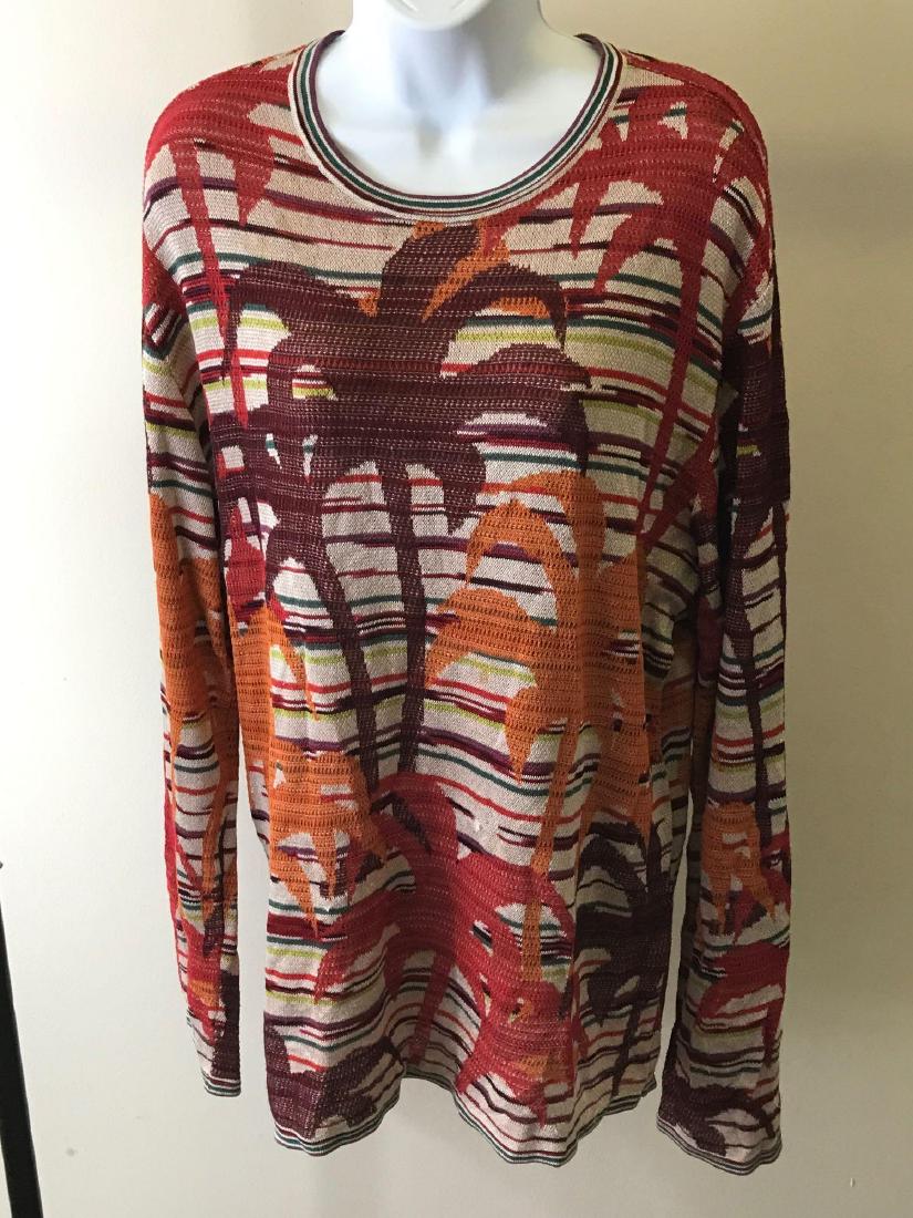 Sport Missoni Palm Tree Sweater: Sport Missoni Sweater with Palm Tree Design in Variated Colors in Orange, Red, Green, Purple, and Pearl. Unknown Size. Viscose Rayon and Cotton. Condition: As-is, See Photos for Details.