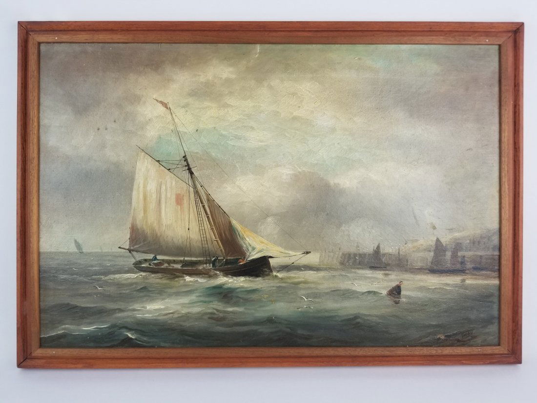 Antique Maritime Oil Painting in Frame - Sailboat (1 of 7)