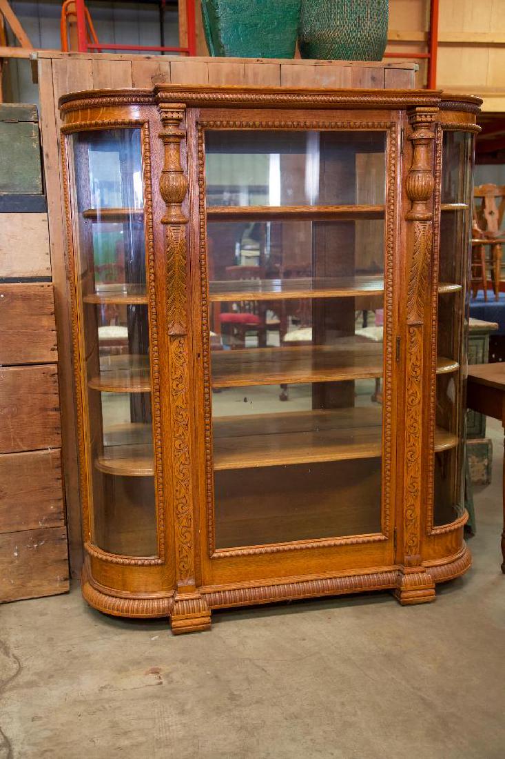 Antique Oak Curved Glass China Cabinet