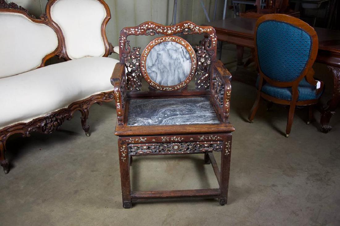 Antique Asian Marble and Inlaid Wood Chair (1 of 8)