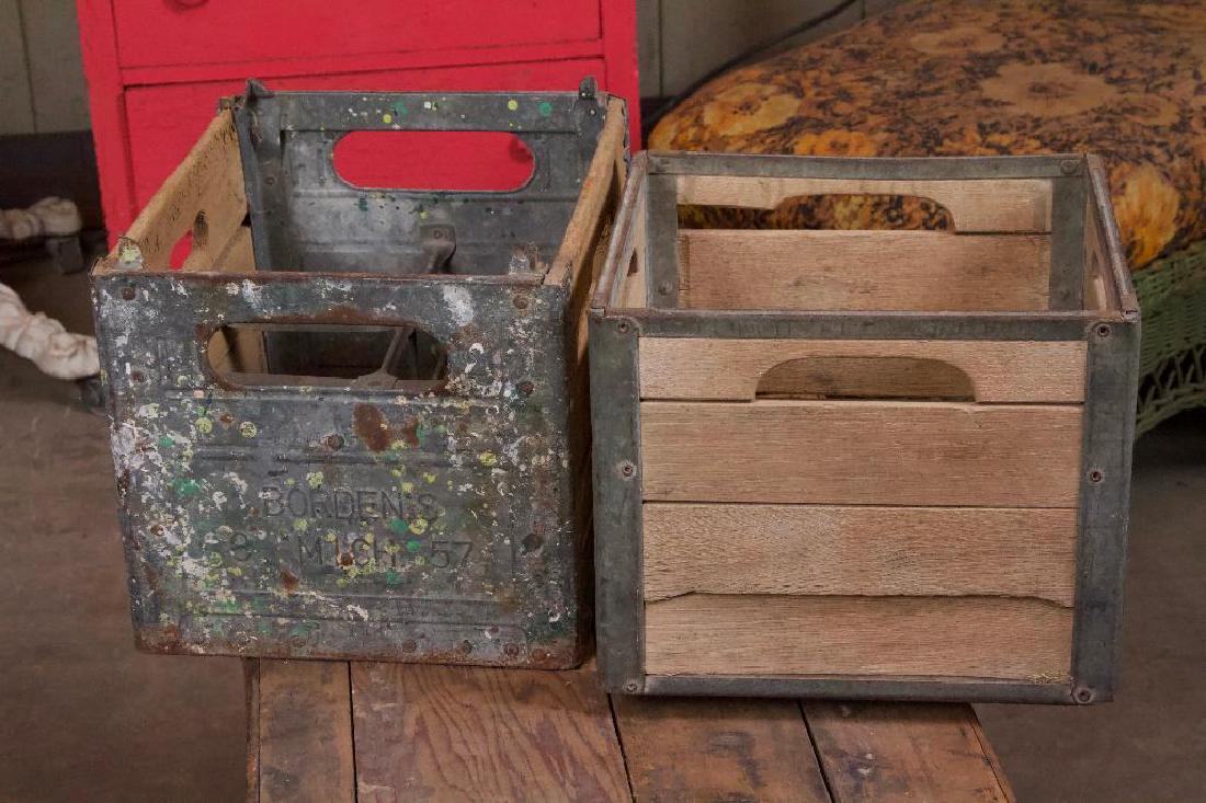 Pair of Antique Milk Crates: A: 15 x 12 x 11 B: 13 x 13 x 12, Wood and Steel. Pair of antique milk crates. Features Borden branding on larger. In like found condition.