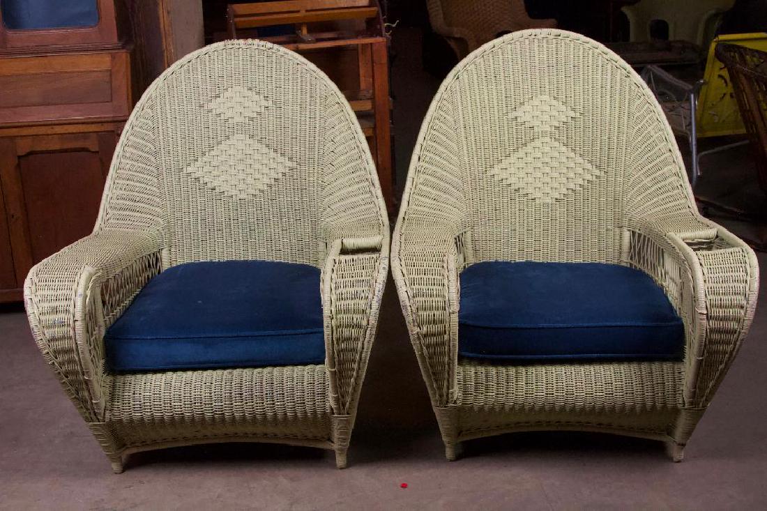 Pair of Mid Century Wicker Chairs with Blue Cushions (1 of 8)