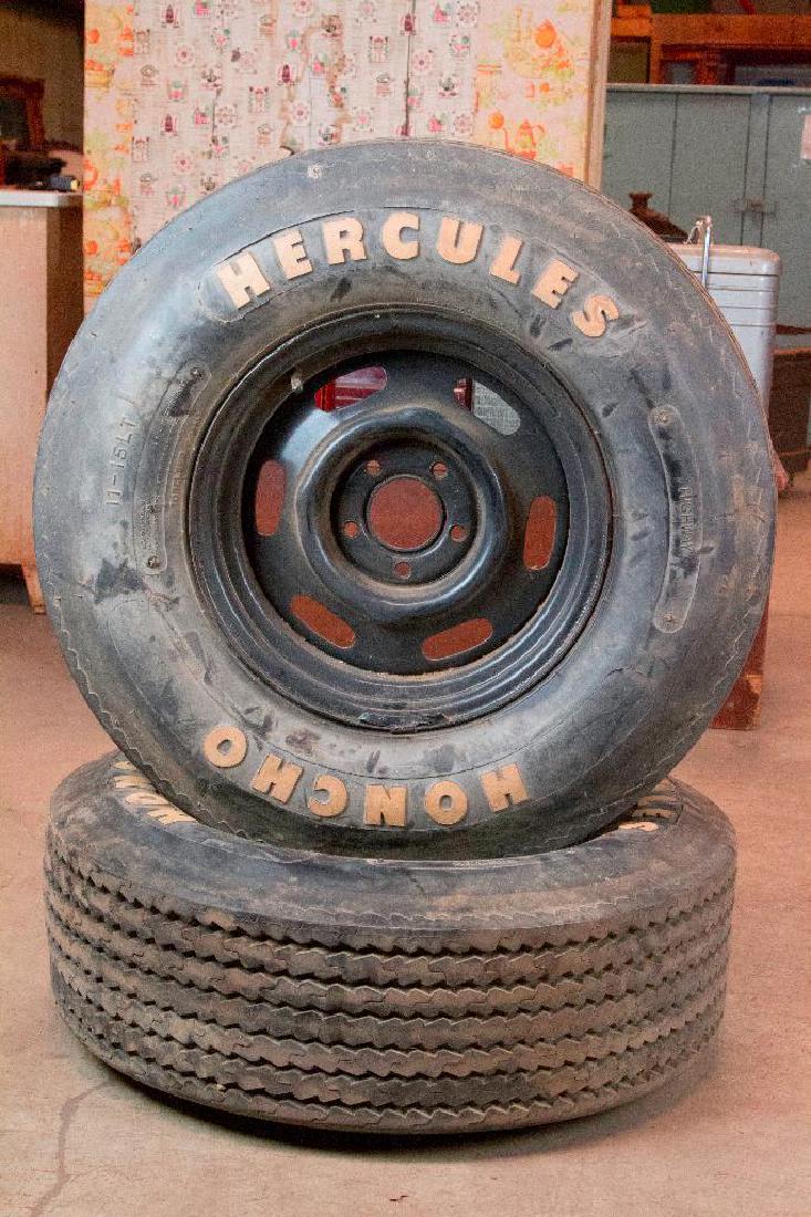 Hercules Honcho Tires with Rims: Rubber and Steel. Pair of vintage Hercules Honcho tires with vintage steel rims. In like found condition.