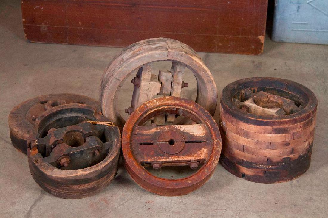 Antique Wagon Brakes: Miscellaneous sizes. Wood with iron. Lot of antique wagon brakes and other wagon axle attachments in like found condition. 