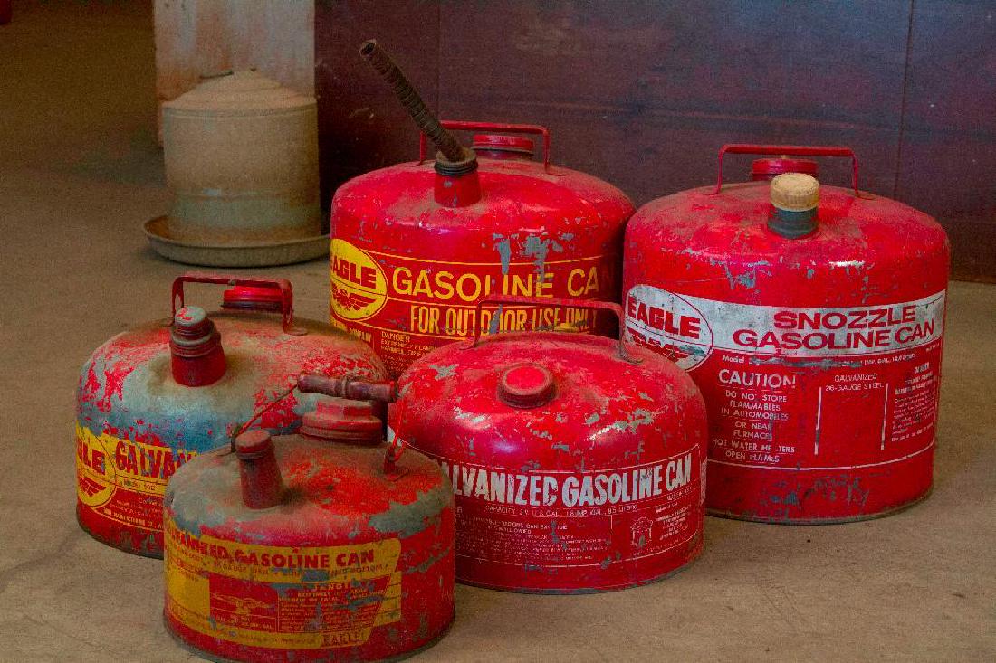 Five Vintage Eagle Branded Round Top Gas Cans (1 of 5)