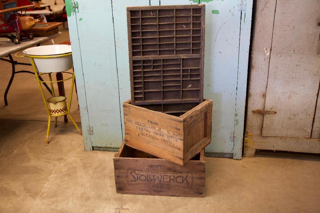Rustic Antique Crates and Typesetters Tray: Mixed sizes and materials. Two rustic antique crates with some stenciling remaining and typesetters tray. In like found condition.