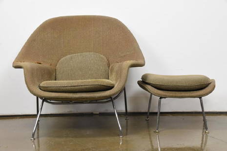 Eero Saarinen for Knoll Womb Chair & Ottoman: Eero Saarinen for Knoll Womb Chair and Ottoman. Chair - 36" x42.4" x 40" Ottoman - 15" x 20" x 22.5" Fabric tears and shredding. See Photos.